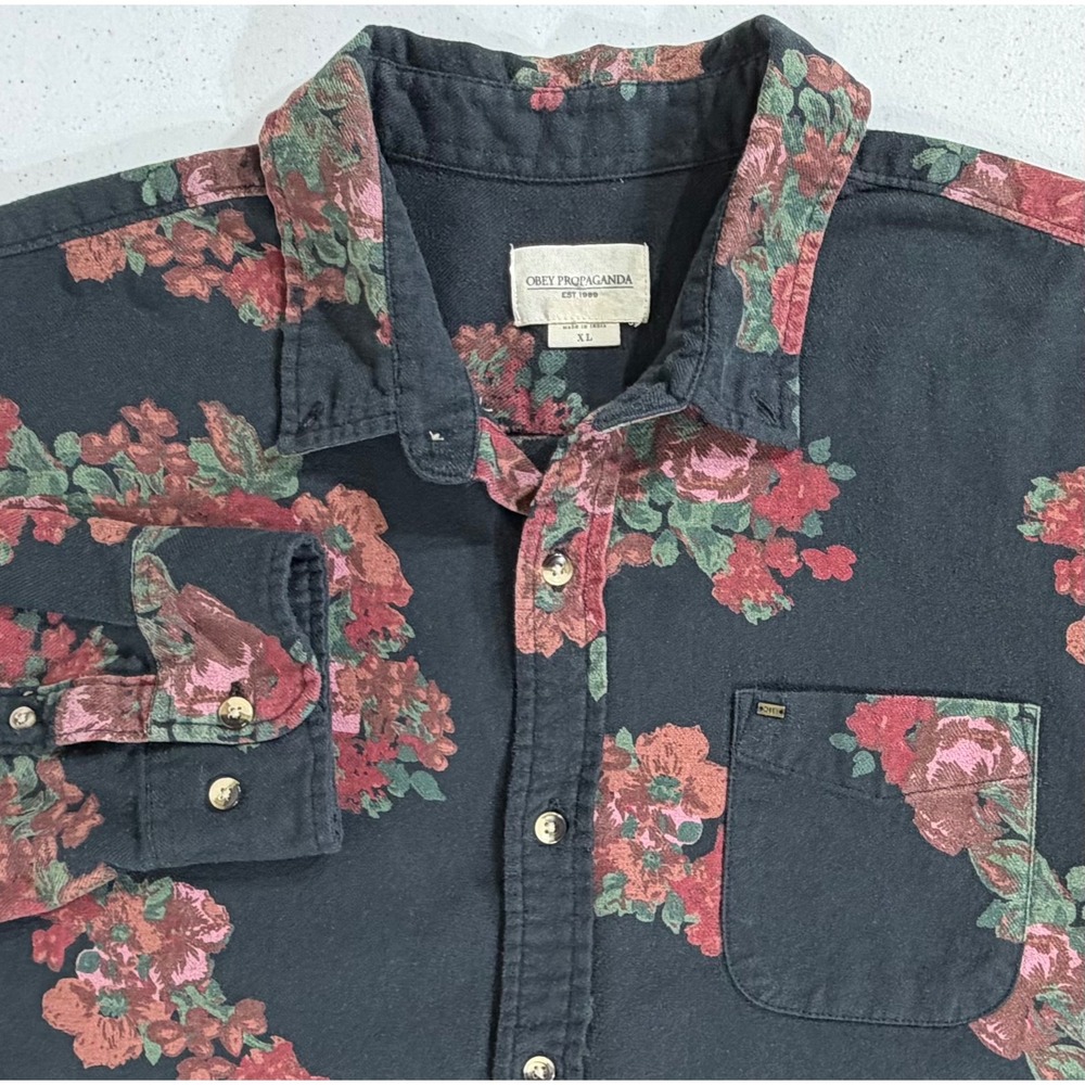 Obey Propaganda Button Down Shirt XL Black Red Floral Goth Grunge Indie Street